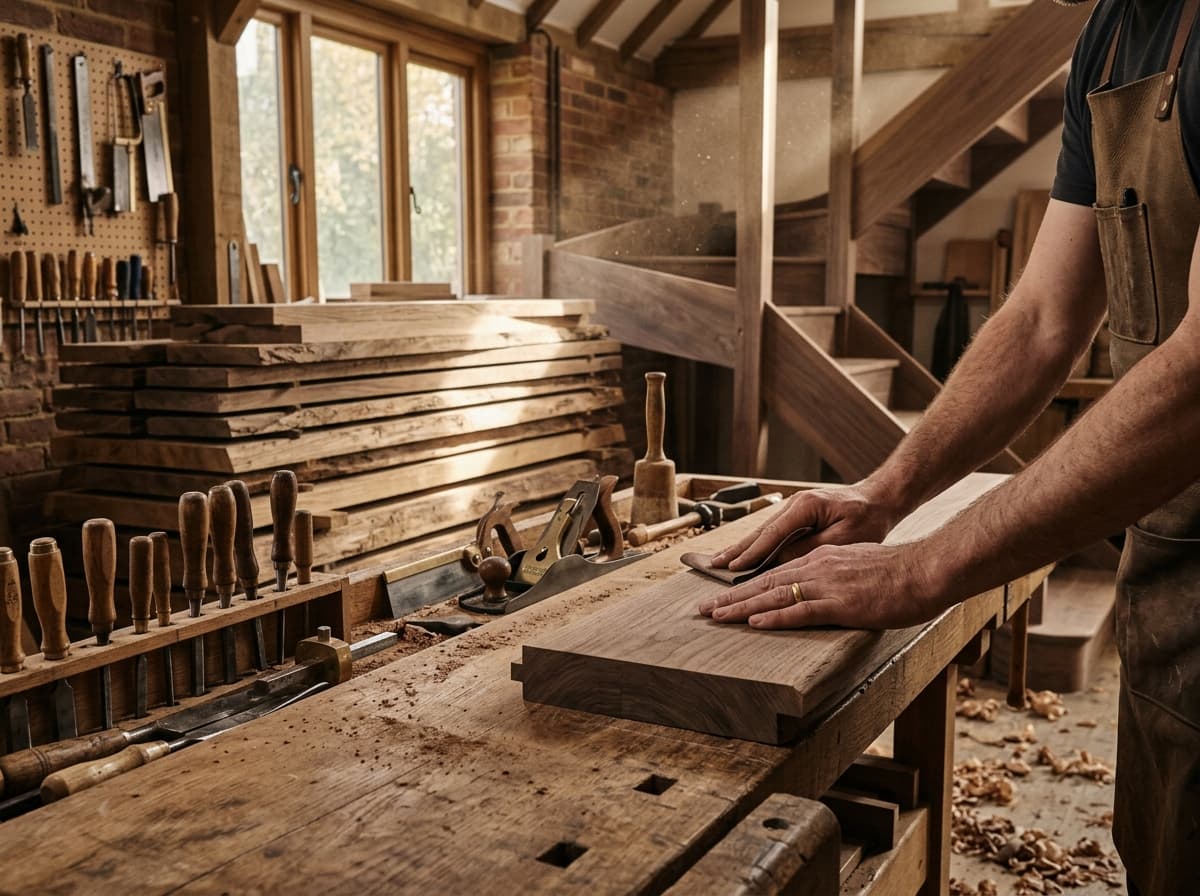 L’atelier VERTICALE à Ellange : établi, outils à main et marche d’escalier en cours de ponçage
