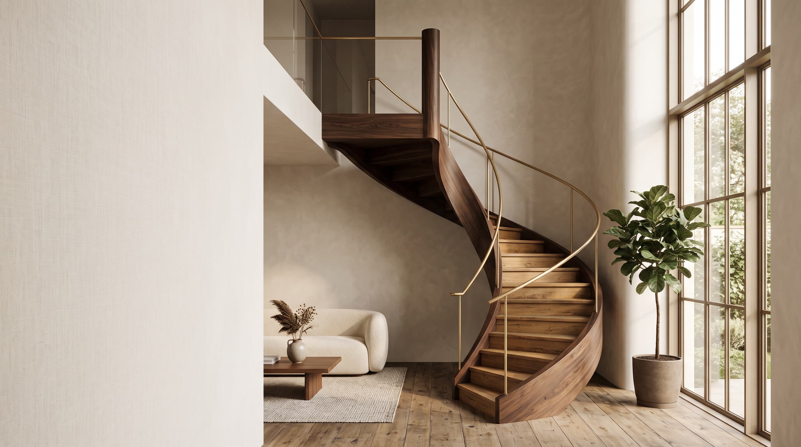 Escalier hélicoïdal en noyer massif avec rampe laiton, réalisé par l’atelier VERTICALE