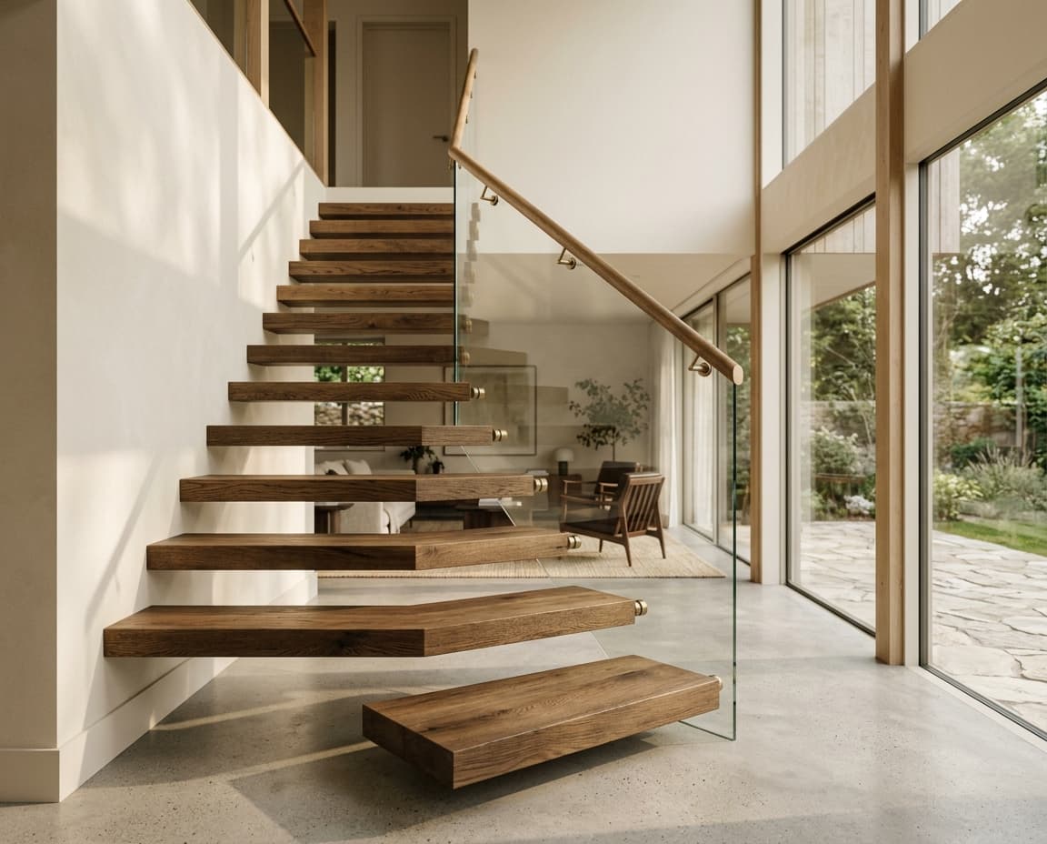 Escalier suspendu en bois massif par VERTICALE