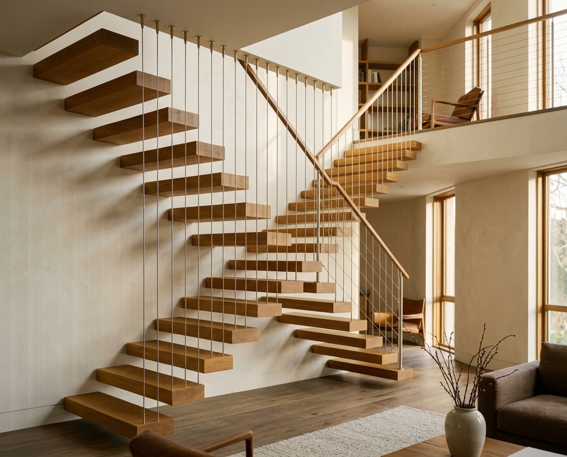 Escalier suspendu en iroko, marches en porte-à-faux